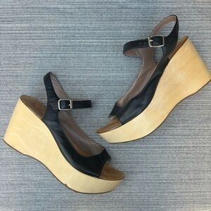 BELLE BY SIGERSON MORRISON Black Leather Wooden Platform Wedge Sandals Size 10